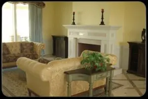 Fireplace and couch in a craftsman-style home